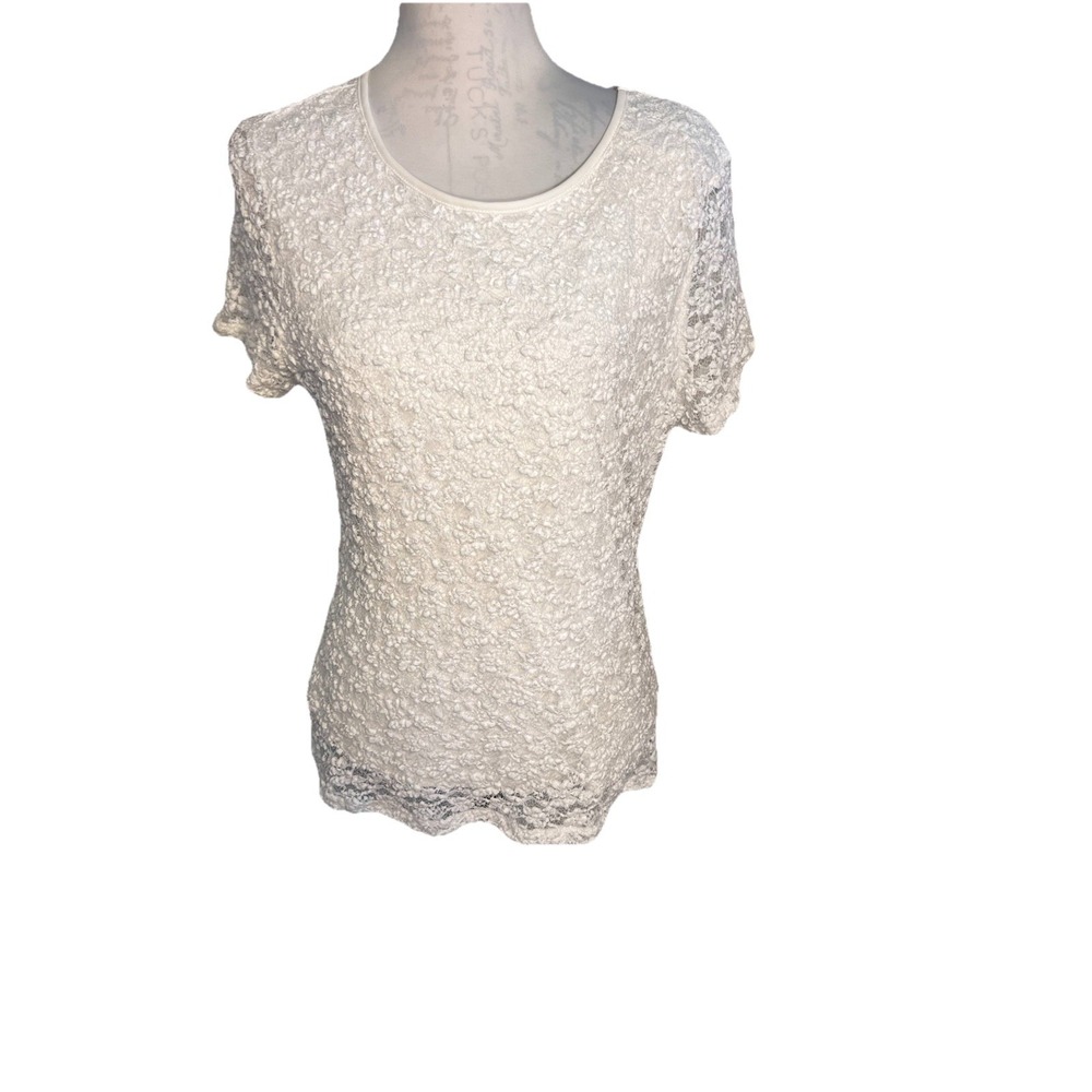 Calvin Klein Women's Textured Stretch Lace‎ Overlay Logo Hem Cream Blouse Size L